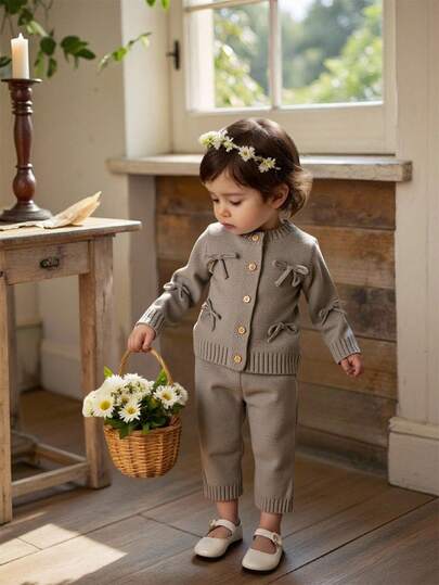 SHEIN Baby Girls Bow Decor Cardigan & Pants Knit Sweater Set, Soft & Comfortable, Suitable For Spring/Autumn Occasions: Casual, Outdoor, Travel, Holiday, Home, Daycare, Playtime Baby Set Autumn Winter Season Two Piece Winter Outfits For Toddler Knit Two Piece Toddler Baby Warm Sets Baby Sweater Set