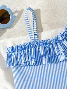 女童连体泳衣，蓝白条纹，可爱荷叶边不对称肩带，可调节肩带，荷叶边下摆 - 藍白色 - 查看 4