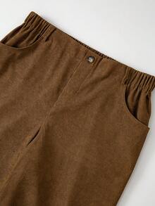 SHEIN Tall CURVE 大码女式纯色口袋锥形休闲/工作裤 - 棕色 - 查看 7