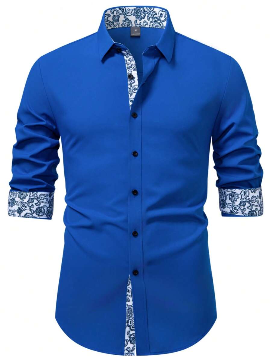 Manfinity Mode Áo sơ mi tay dài cổ điển chắp vá màu tương phản cài nút phía trước thời trang - Màu xanh lam - Xem 1