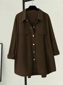 EMERY ROSE Plus Size Women's Drop Shoulder Long Sleeve Striped Single-Breasted Corduroy Casual Shirt - Mocha Brown - View 6