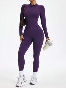 Dewbera Women's Solid Color Raglan Sleeve Zipper Half Placket Sports Jumpsuit - Purple - View 3
