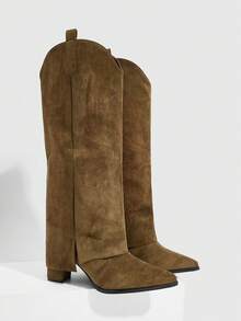 CUCCOO SZL Botas altas hasta la rodilla de tacón alto, de estilo occidental y versátiles para uso diario, con puntera puntiaguda para mujeres - Caqui - Ver 1