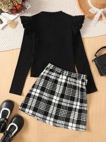 SHEIN Teen Girl Knit Cap Sleeve Round Neck Long Sleeve T-Shirt & Plaid Mini Skirt Casual 2-Piece Set - Black and White - View 2