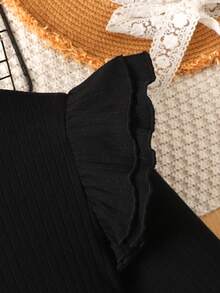 SHEIN Teen Girl Knit Cap Sleeve Round Neck Long Sleeve T-Shirt & Plaid Mini Skirt Casual 2-Piece Set - Black and White - View 5