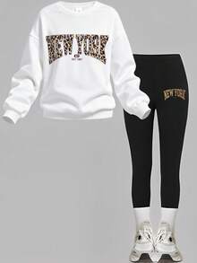 Girlism Tween Girl Sweatshirt & Sweatpants Co-Ords, English Graphic Print, Casual Long Sleeve Pullover Thick Sweatshirt And Pants 2 Pieces Set, Suitable For Autumn/Winter - Black and White - View 10