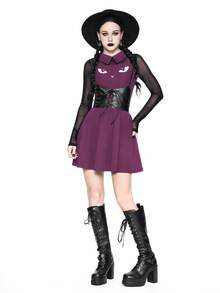 ROMWE Cute Gothic Halloween Cat Graphic Print Dress For Women - Purple - View 6