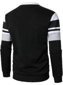 Manfinity Homme 男士生日礼物，休闲街头风条纹圆领长袖卫衣和抽绳腰运动裤套装，男士慢跑套装，男士休闲套装，男士两件套运动服，男士黑白两件套，男士街头风 - 黑色 - 查看 3