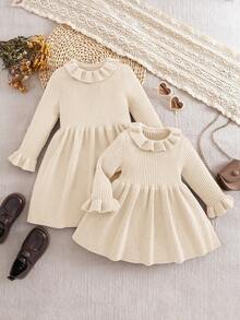 SHEIN 女婴纯色针织长袖连衣裙，秋冬季