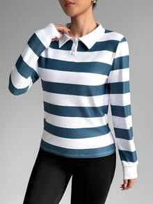 Dewbera 女士条纹长袖休闲健身运动Polo衫 - 彩色 - 查看 4