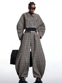 SHEIN EZwear 大码女式千鸟格口袋宽松休闲裤 - 彩色 - 查看 3