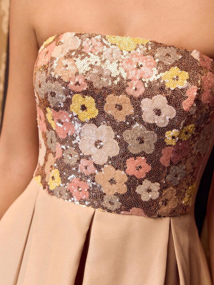 MOTF Soiréza WOMEN'S SEQUIN BODICE FLORAL PATTERN ASYMMETRIC RUFFLE HEM STRAPLESS COCKTAIL DRESS