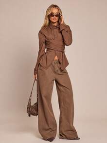 SHEIN Glamour Áo sơ mi công sở nữ màu nâu thắt chéo thanh lịch, đa năng - Cà phê nâu - Xem 8