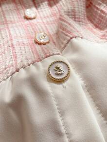 Young Girl Sweet Cute White Lace Puff Sleeve Top Paired With Plaid Mini Skirt, Casual Minimalist Pink Set - Pink - View 4