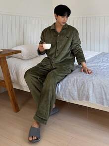 DAZY Men's Thermal Lined Letter Embroidered Shirt & Military Green Pajama Set, Autumn/Winter - Green - View 4