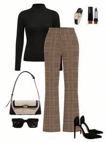 Ellevyn Elegant Women's Plaid Printed Elastic Knitted Pants, Versatile For Various Occasions Such As Summer Vacation, Elegant Travel, And Daily Commuting,Fall,Fall Clothes For Women,Women's Winter Clothes Business Casual Woman Pants - Brown - View 2