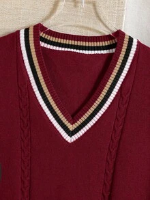 男童休闲V领撞色滚边无袖套头针织毛衣背心 - 酒紅色 - 查看 3