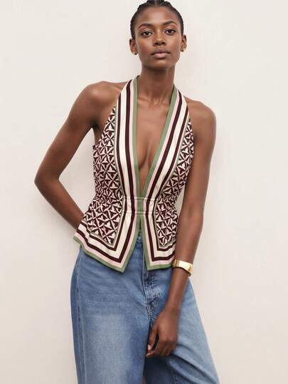 CAJUNI Women's Brown & Olive Deep V-Neck Halter Vacation Top | Silky Lightweight Fabric, Slim Waist-Flattering Fit, Bold Deep V-Neckline, Halter Sleeveless Design With Adjustable Tie Back, Multicolor Geometric Pattern With Striped Border, Romantic & Chic Summer Style For Beach Getaway, Resort Holiday & Elegant Everyday Wear,Vacation Outfits Woman,Beach Outfits For Women,Valentine's Day, Deep V Neck Top, Tops, Scarf Top,Valentine's Day