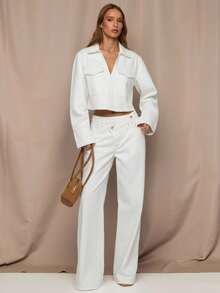 SHEIN BAE Quần jean ống rộng dáng rộng đơn giản, nhiều màu, dáng suông, cạp chun, thời trang đường phố dành cho nữ - trắng - Xem 5