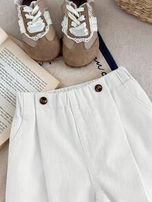 SHEIN LMoss Kids Baby Girl Waist Button Design Casual Loose Denim Harem Pants - White - View 6