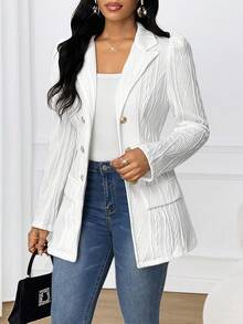 SHEIN Lady 女士纹理翻领泡泡袖金属双排扣休闲外套，秋冬款 - 白色 - 查看 3