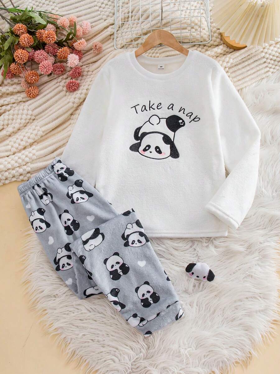 Genkimix Kids 2件套大童加厚毛绒圆领长袖长裤睡衣套装，可爱熊猫图案，灰色，时尚家居服，秋冬款 - 白色 - 查看 1