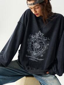 Bohemela Women's Casual Solid Color Knit Crew Neck Long Sleeve Washed Loose Sweatshirt - Black - View 3