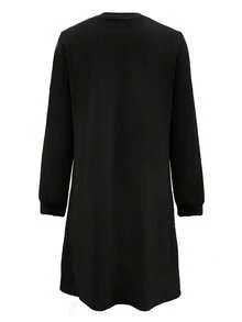 SHEIN EZwear 女士宽松纯色休闲长袖拉链中长连衣裙 - 黑色 - 查看 2