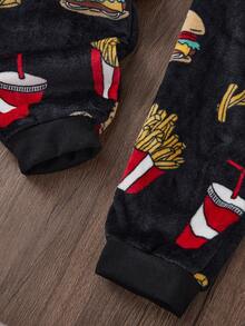 1件套毛绒连帽食物印花时尚酷炫青少年男童长袖加厚毛绒连体睡衣，秋冬季 - 黑色 - 查看 5