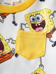 SpongeBob SquarePants | SHEIN Set de sudadera de cuello redondo de manga larga y pantalón de chándal con estampado de dibujos animados para bebé niño, 2 piezas - Blanco - Ver 3