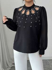 Modelyn 女士加大码黑色水钻镂空泡泡长袖休闲衬衫，秋季款 - 黑色 - 查看 4