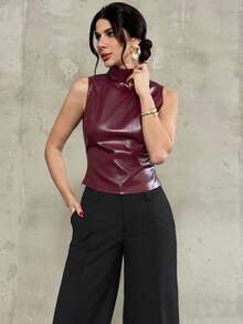 Firerie 女士优雅简约通勤新款时尚都市风派对新年假日性感高领露背修身酒红色吊带背心，秋冬款 - 酒紅色 - 查看 6