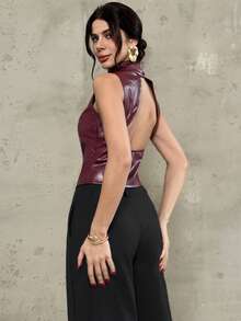 Firerie 女士优雅简约通勤新款时尚都市风派对新年假日性感高领露背修身酒红色吊带背心，秋冬款 - 酒紅色 - 查看 3