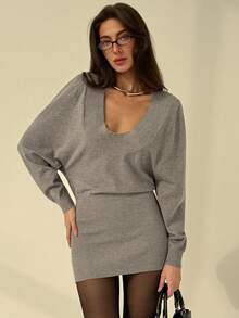 Aloruh Grey Casual Sexy Deep V-Neck Long Sleeve Loose Top & Tight Mini Dress For Women - Grey - View 5