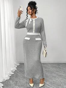 SHEIN Elenzya 女士秋冬拼接撞色纽扣装饰蝴蝶结圆领长袖连衣裙 - 灰色 - 查看 6