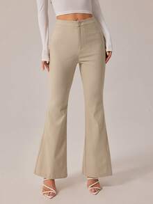 SHEIN PETITE Quần ống loe trơn công sở thường ngày gợi cảm kiểu Old Money dành cho nữ, cạp cao thanh lịch, quần tây công sở sang trọng, phong cách trang phục công sở lấy cảm hứng từ phong cách cổ điển - Màu be - Xem 5