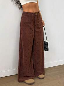 SHEIN Clasi 女士秋季灯芯绒蝴蝶结印花抽绳假口袋休闲裤 - 棕色 - 查看 5