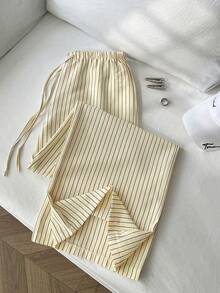 SHEIN PETITE 1件装 女士黄色返校通勤条纹休闲泡泡褶皱面料超低腰抽绳弹力腰直筒裤，休闲浪漫 - Butter Yellow - 查看 5