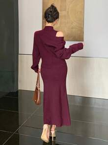 DAZY Ensemble 2 pièces élégant pour femmes composé d'un pull à manches longues de couleur unie et d'une robe moulante en tricot avec col montant sans manches et ourlet sirène