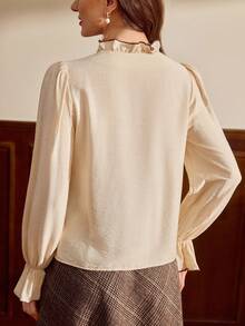 Vintamour Vintage Classic Elegant Women's Blouse, Autumn/Winter Fitted Contrast Color Blouse With Frill Trim, Long Sleeve Apricot Blouse