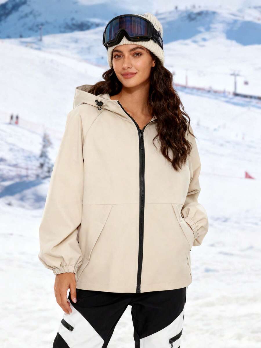 Chiquease Damen lässige, locker sitzende Kapuzen-Windjacke, geeignet für den Outdoor-Bereich, Skifahren, Sportaktivitäten im Herbst/Winter - Aprikosenfarben - Übersicht 1