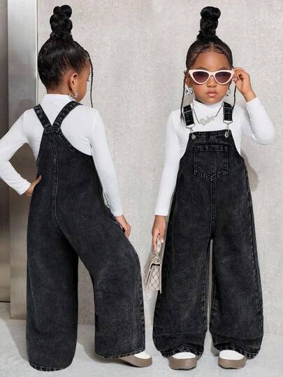 SHEIN Young Girl' Navy Blue Denim Bib Pants