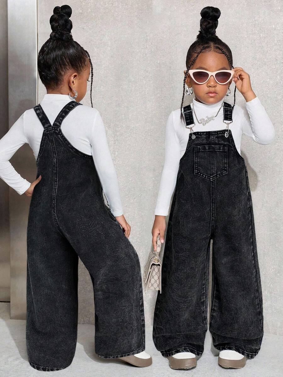 SHEIN Young Girl' Navy Blue Denim Bib Pants - Black - View 1