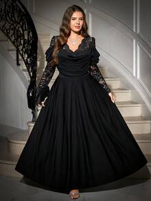 SHEIN Clasi Váy dự tiệc ren chắp vá thanh lịch cỡ lớn - màu đen - Xem 5