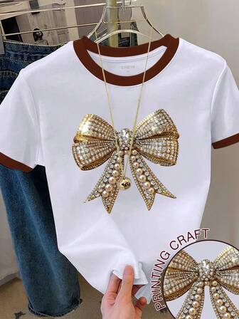 Resyla レディース コントラストトリム リボンデコレーション ラウンドネック 半袖Tシャツ