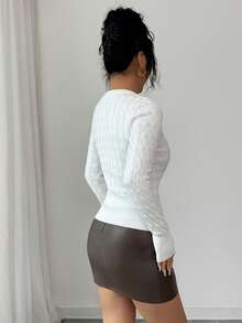 SHEIN Elenzya Women's Stylish Twist Knit Simple Chic Short Zipper Cardigan Sweater, Long Sleeve, Autumn/Winter - White - View 3