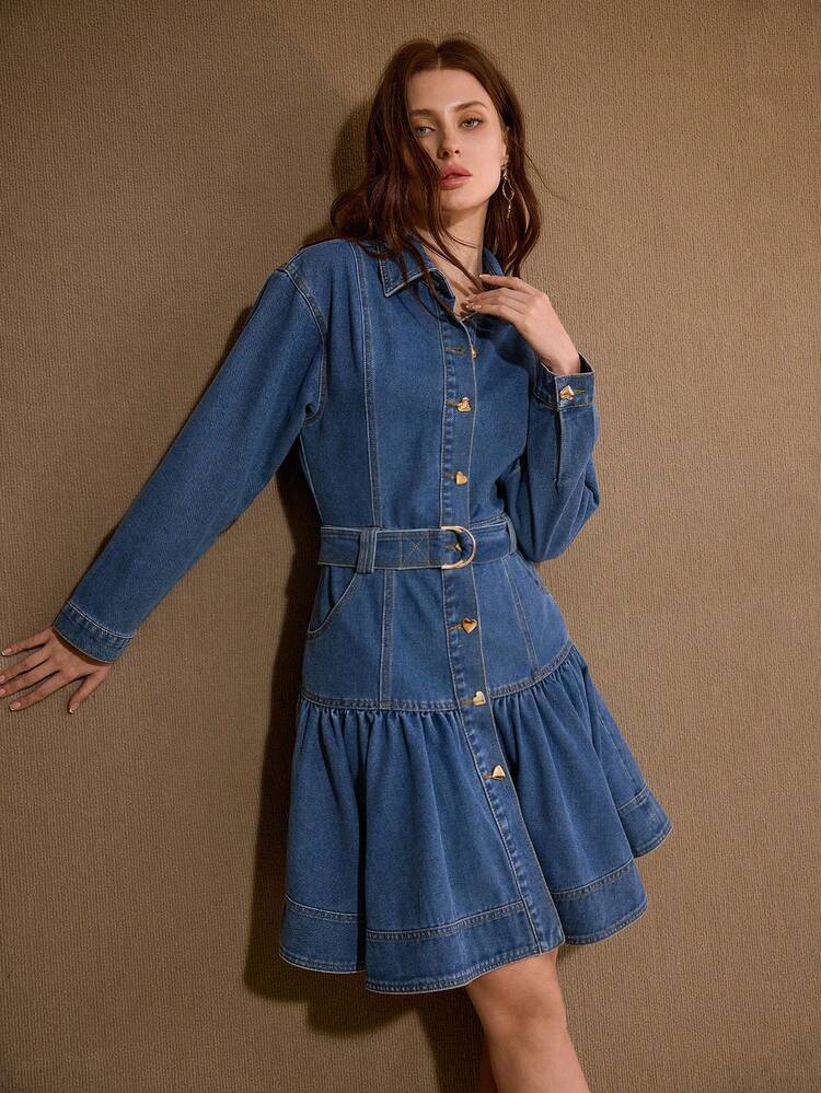 WOMEN'S LONG SLEEVE BELTED RUFFLE HEM SHORT DENIM DRESS, SPRING/SUMMER
