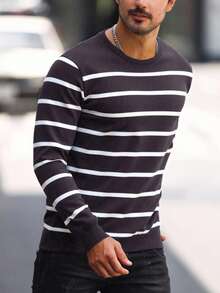 Manfinity Homme 男士条纹圆领长袖休闲毛衣，秋冬男士条纹T恤，男士毛衣上衣，男士长袖T恤，橄榄球长袖T恤，男士条纹长袖T恤，男士夏季长袖T恤，优质T恤 - 紫色 - 查看 3