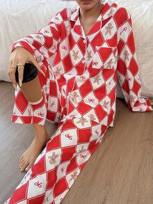 女士新款秋冬姜饼人格子印花休闲长袖睡衣套装 - 紅白色 - 查看 3