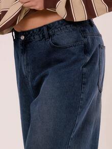 MUSERA 大码宽松低腰中度水洗牛仔裤，Y2K/2000年代风格，冬季款 - 藏蓝色 - 查看 5